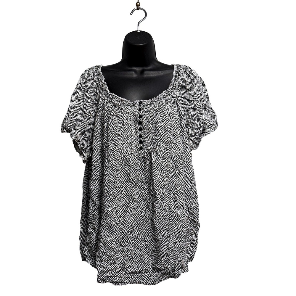 Faded Glory Womens 2X Black White Chevron Zig Zag Peasant Blouse Short Sleeve